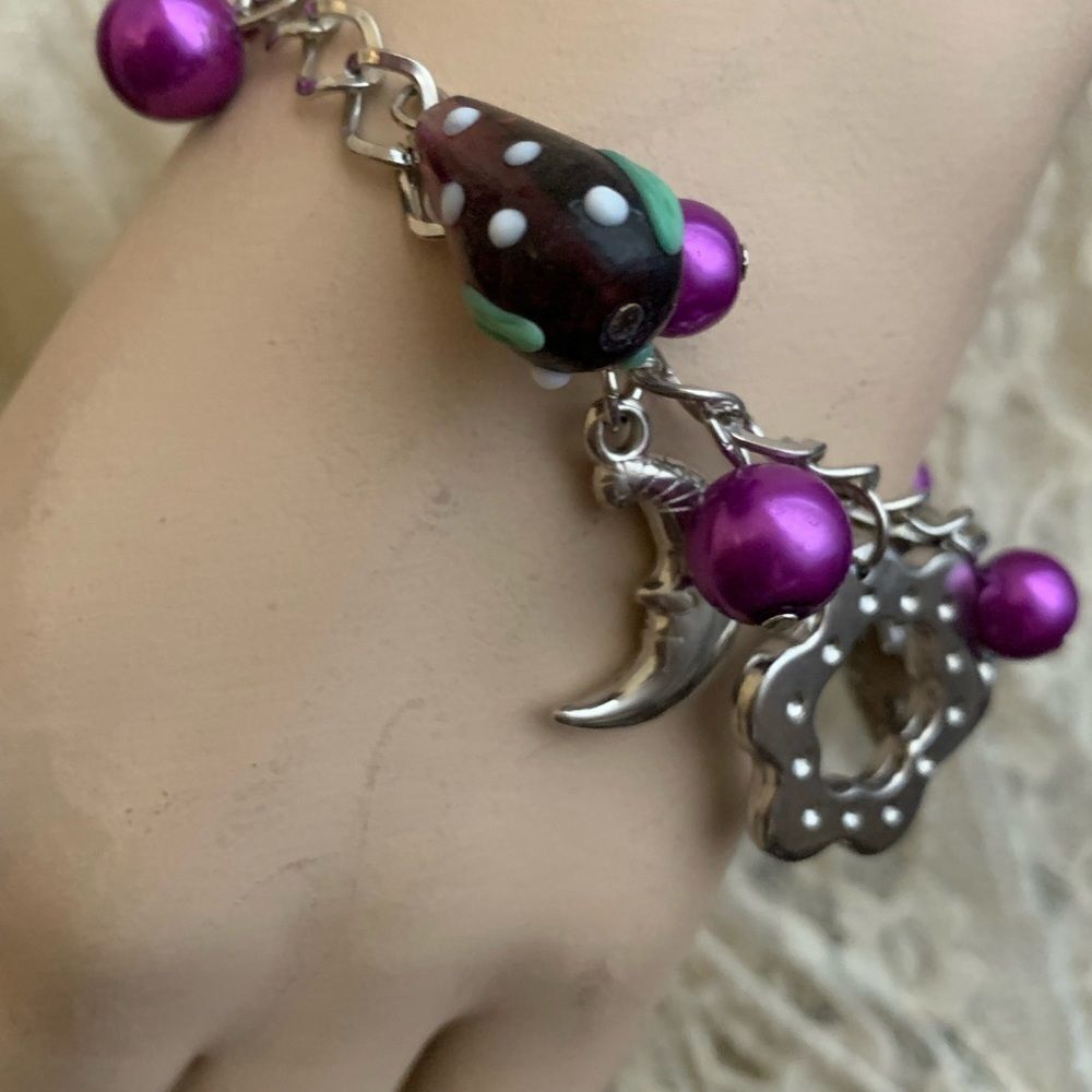 Cute! Charm Bracelet Purple Flowers Moon Stars NEW